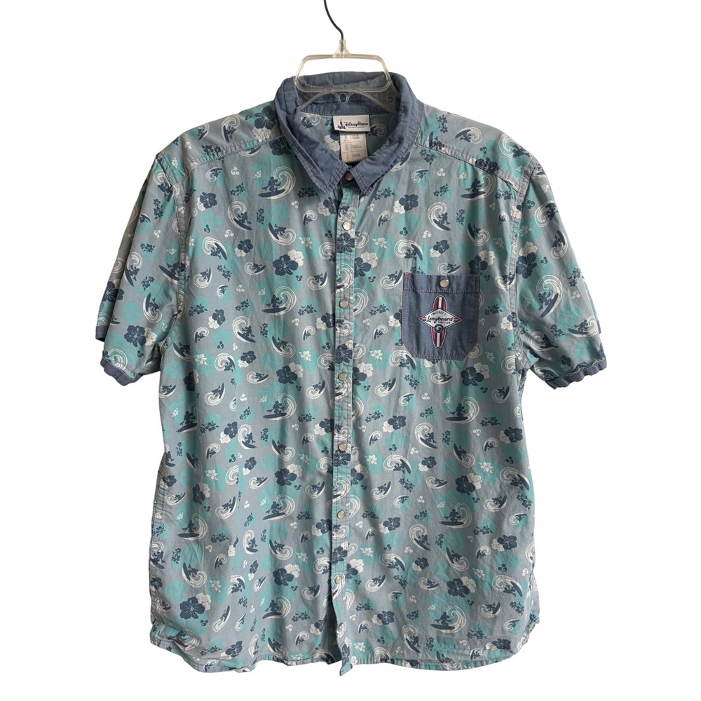 Disney Parks Mickey Mouse Longboard Surf Team Blue Tropical Pearl Snap Shirt L
